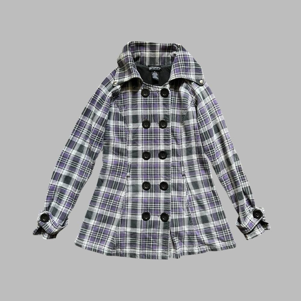 Y2K Purple and Black Plaid Double Breasted Peacoat Jacket